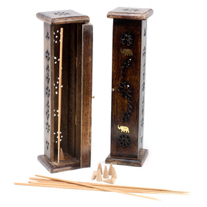 Tour d'Encens carrée en bois de manguier avec incrustation de laiton