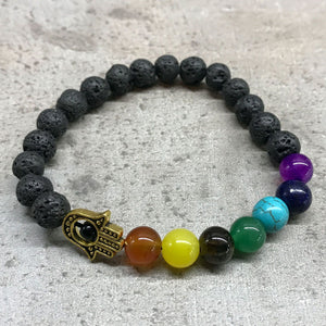 Bracelet Pierre de Lave - Chakra/Hamsa Doré