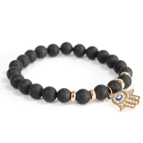 Bracelet Pierres Fines - Black Agate/Hamsa Doré