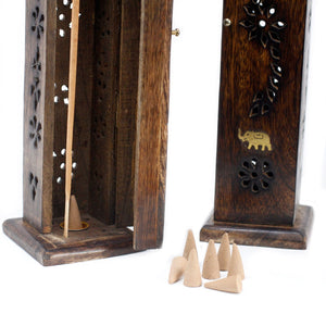 Tour Carrée Porte-Encens Incrustations Laiton - Bois de Manguier Premium
