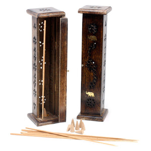 Tour Carrée Porte-Encens Incrustations Laiton - Bois de Manguier Premium