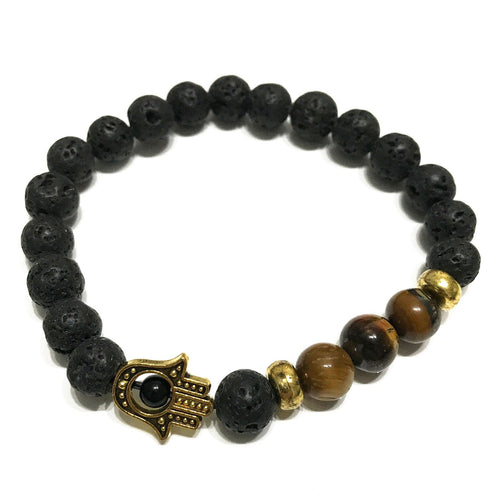 Bracelet Pierre de Lave - Œil du Tigre/Hamsa Doré