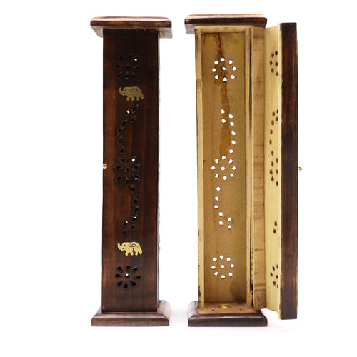 Tour Carrée Porte-Encens Incrustations Laiton - Bois de Manguier Premium