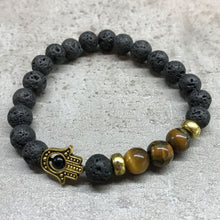Charger l&#39;image dans la galerie, Bracelet Pierre de Lave - Œil du Tigre/Hamsa Doré