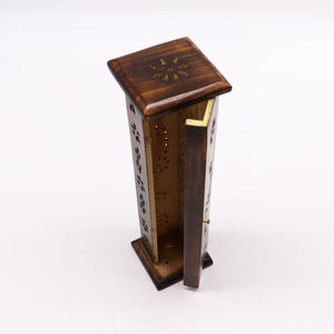 Tour Carrée Porte-Encens Incrustations Laiton - Bois de Manguier Premium