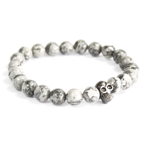 Bracelet Pierres Fines - Tête de mort en étain / Agate grise