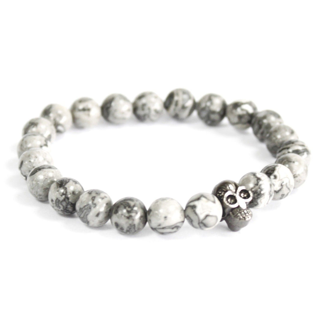 Bracelet Pierres Fines - Tête de mort en étain / Agate grise