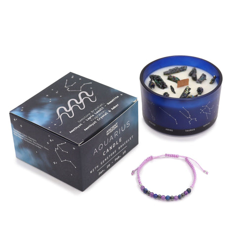 Bougie en cristal du zodiaque avec bracelet en pierres précieuses – Verseau