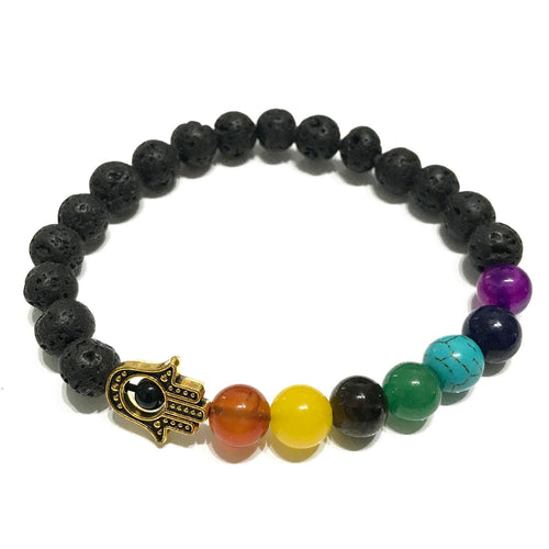 Bracelet Pierre de Lave - Chakra/Hamsa Doré